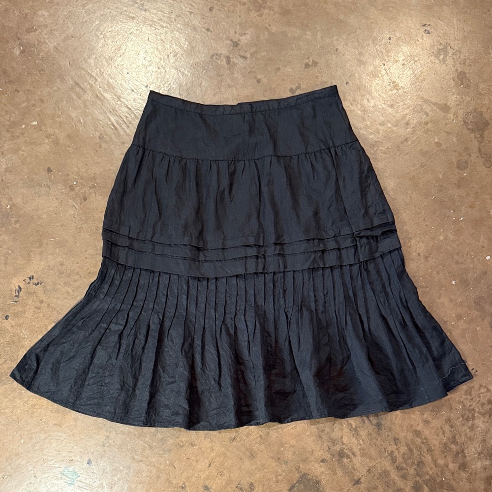 AMERICAN LIVING Black 100% Linen A-Line Ruffled Mid Length Skirt